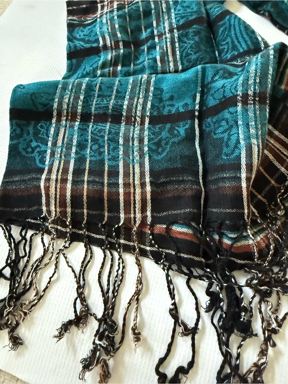 pashmina Silk Blend Teal and Black Striped Fringe Shawl Wrap Scarf